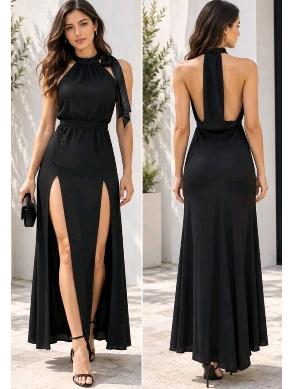 Stone Cold Fox Onyx Gown black Size 1 halter-style double thigh front slits #3